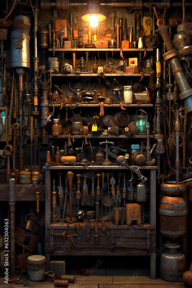 Poster  An image of a blacksmith's tool rack, displaying the wide array of specialized tools used in the craft, such as swages, punches, and drifts.  Generative AI technology.