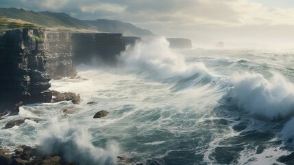 Naklejka na ściany i meble a large body of water with waves crashing against the rocks. generative ai