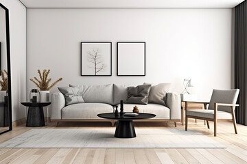 Modern minimalist interior with a sofa, a rug, a plant and a frame. Generative AI
