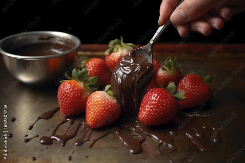 Aufkleber a confectioner hand-dipping strawberries into melted chocolate, capturing the process of creating el