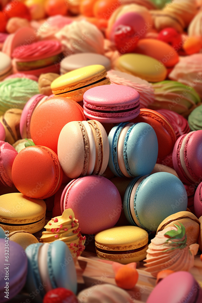 Poster a display of assorted macarons in vibrant colors and flavors, highlighting the confectioner's expert