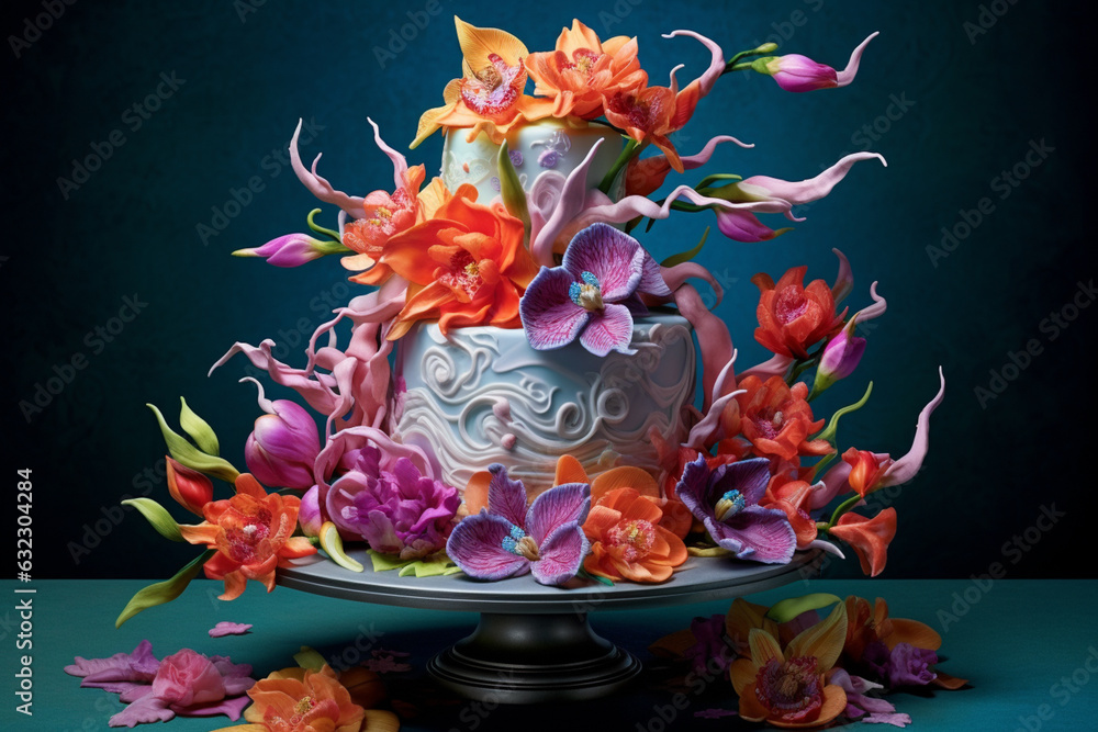 Poster a display of beautifully handcrafted sugar flowers and decorations, showcasing the confectioner's sk