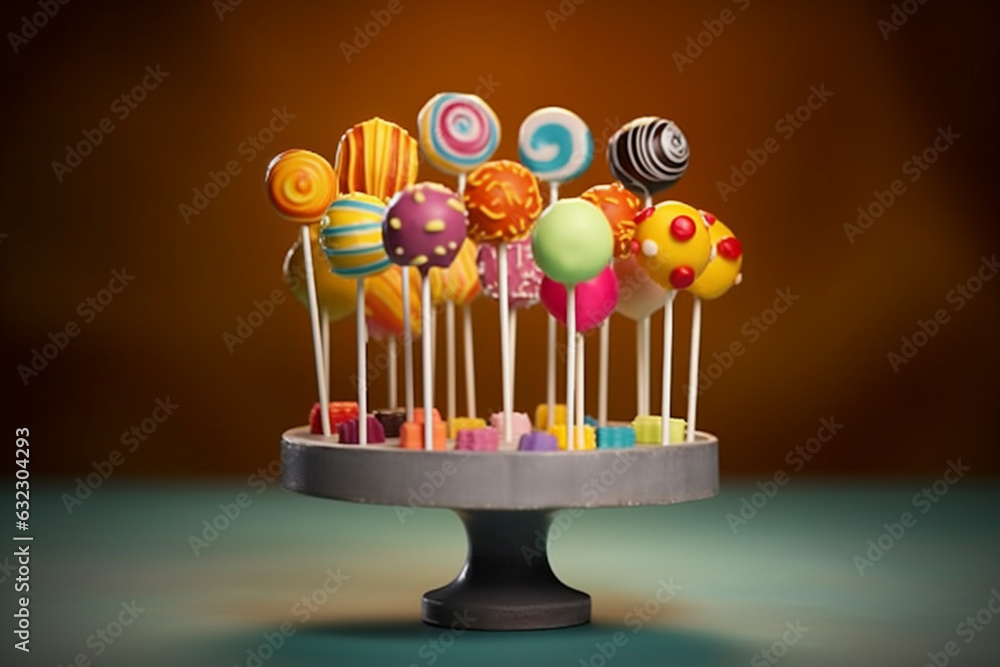 Aufkleber  An assortment of colorful and whimsical cake pops, showcasing the confectioner's ability to transform simple cake into fun and bite-sized treats.  Generative AI technology.