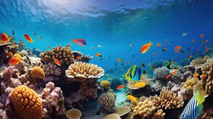 Fototapeta na wymiar an underwater view of a coral reef with many colorful fish. generative ai