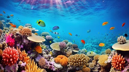  an underwater scene with corals and tropical fish in the water.  generative ai