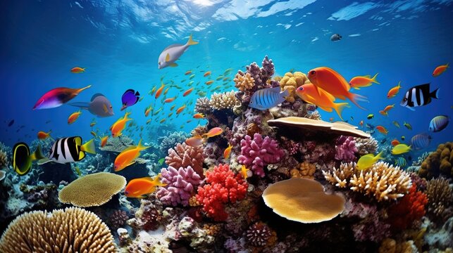  a colorful coral reef with lots of fish swimming around it.  generative ai