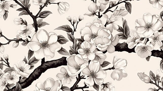  a black and white picture of a branch of a tree with flowers.  generative ai
