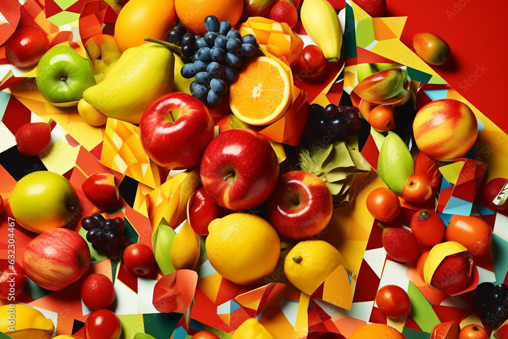 Poster An abstract collage artwork created by layering and overlapping cut-out shapes of fruits from colorful papers or magazines,  Generative AI technology.