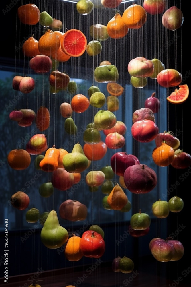 Poster an abstract installation artwork that uses suspended or floating fruit-like objects, combining mater