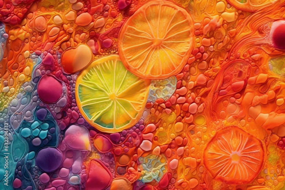 Poster an abstract textile artwork created through techniques like batik or tie-dye, featuring fruit-inspir