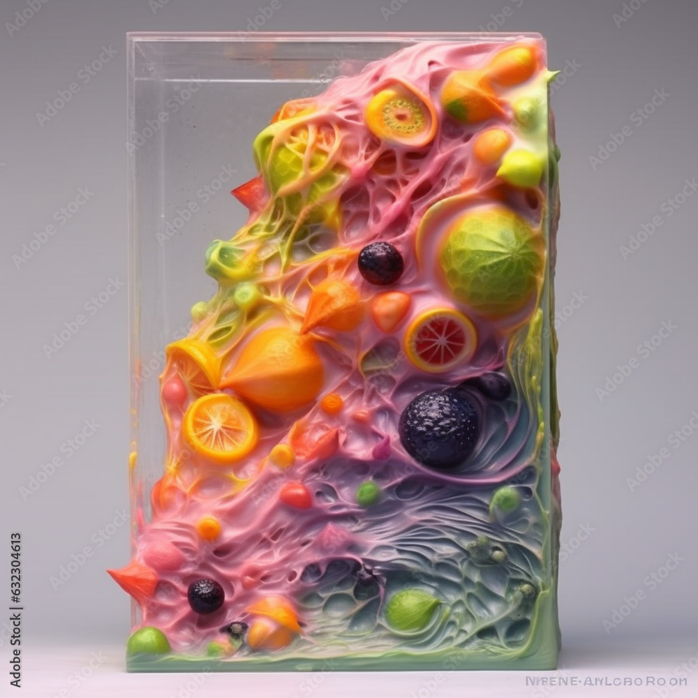 Poster an abstract sculpture made of resin or polymer clay, capturing the essence of fruits with abstract s
