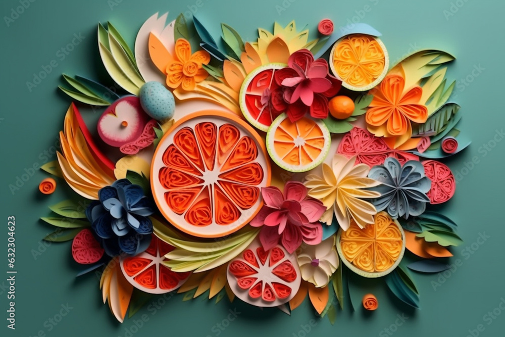 Poster an abstract paper-cut artwork with intricate and delicate designs depicting fruits, generative ai te