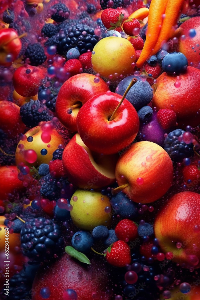 Poster an abstract digital manipulation artwork where photographs of fruits are digitally transformed, dist