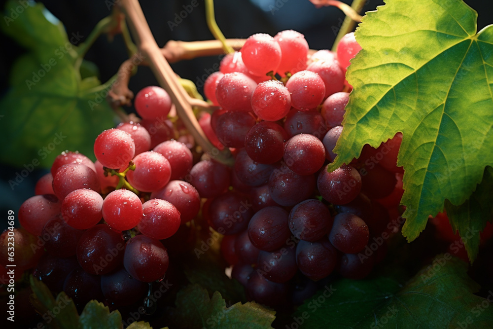 Aufkleber an image of a bunch of red grapes on a vine, with the leaves surrounding them, creating a natural an