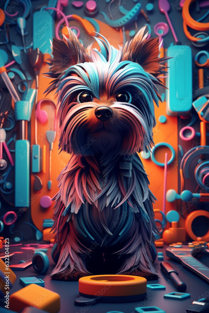 Poster A digital illustration of an abstract pet groomer using dynamic lines and patterns to showcase the grooming process.  Generative AI technology.