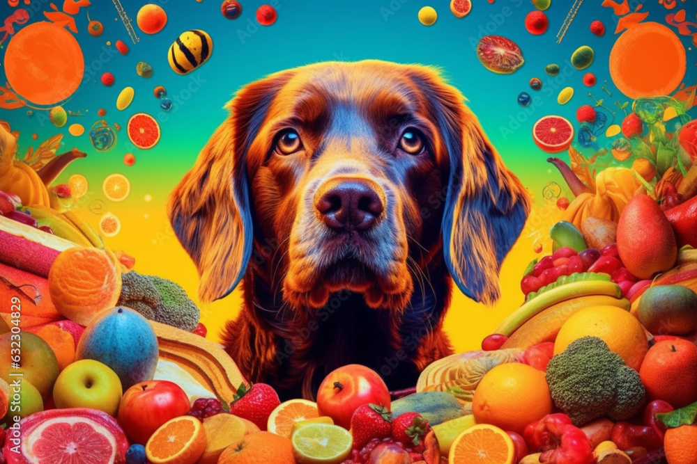 Poster an abstract digital collage representing a pet nutritionist using vibrant colors and abstract shapes