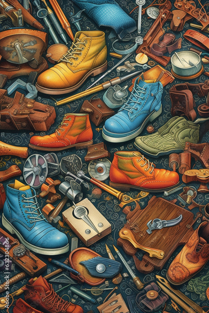 Poster  A series of shoemaker-themed screen prints, showcasing intricate patterns and designs inspired by shoemaking tools and materials. Generative AI technology.