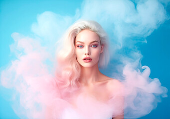 Way to relax. Portrait of charming sad woman over blue smoke background in neon light.