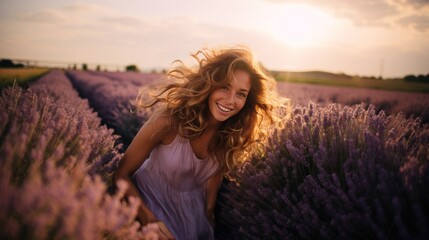Beautiful long-haired and curly brunette in a lavender field smiling and laughing outdoors. She wears a purple dress while having rim light behind her