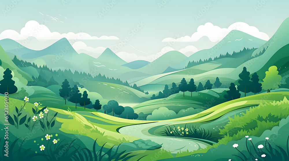 Wall mural green mountains landscape flat design background