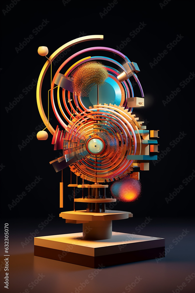 Poster an abstract kinetic sculpture with moving geometric elements, creating an ever-changing composition 