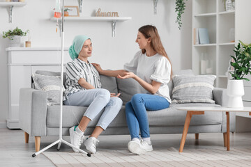 Teenage girl undergoing chemical therapy course with her sister at home