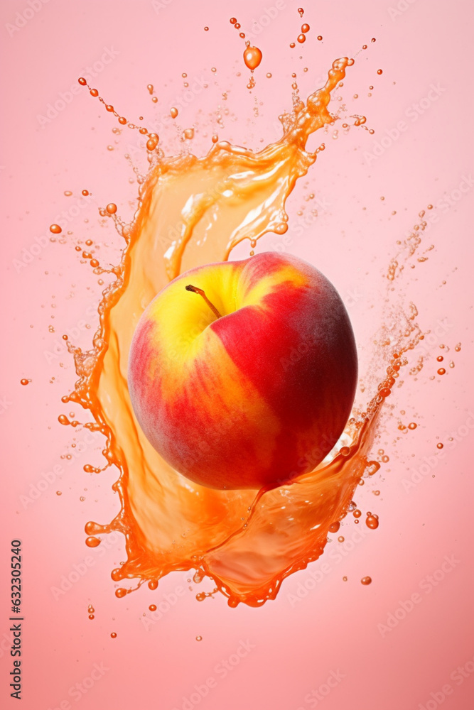 Poster an vibrant image of a peach splashed in bright paint, symbolizing freshness and health. generative a