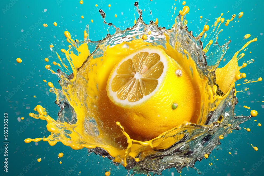 Aufkleber an abstract surreal photograph of a lemon splashed in bright paint, symbolizing freshness and health