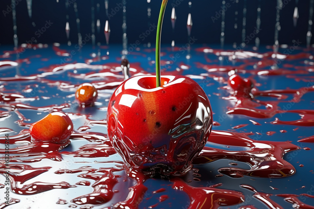 Poster an abstract surreal photograph of a cherry splashed in bright paint, symbolizing freshness and healt