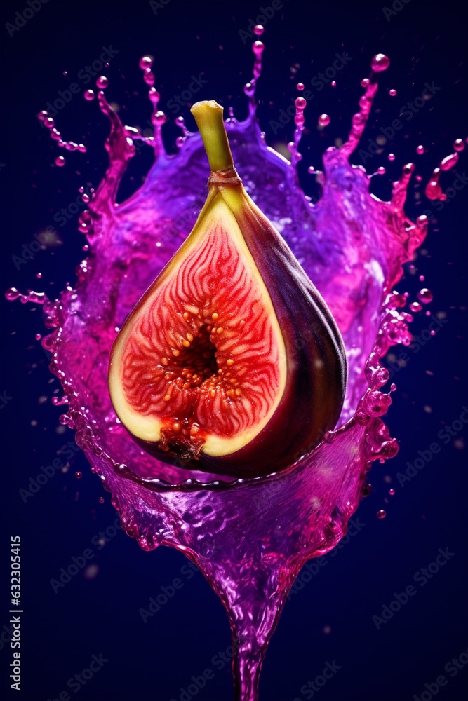 Poster an vibrant image of a fig splashed in bright paint, symbolizing freshness and health. generative ai 