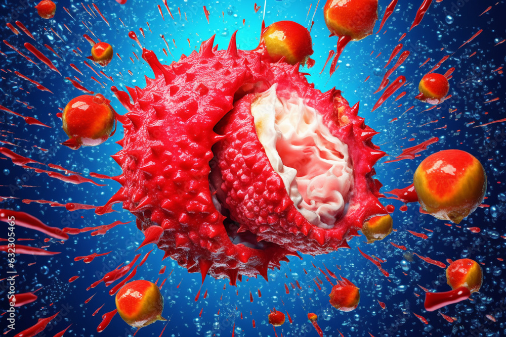 Aufkleber an abstract surreal photograph of a lychee splashed in bright paint, symbolizing freshness and healt