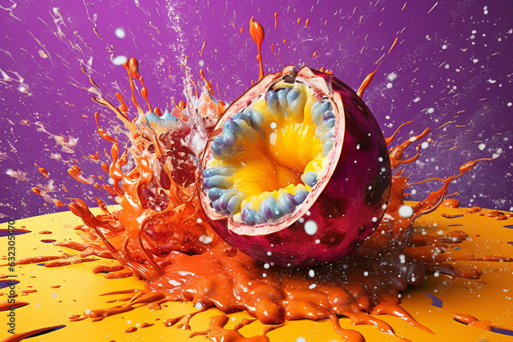 Poster an abstract surreal photograph of a passion fruit splashed in bright paint, symbolizing freshness an