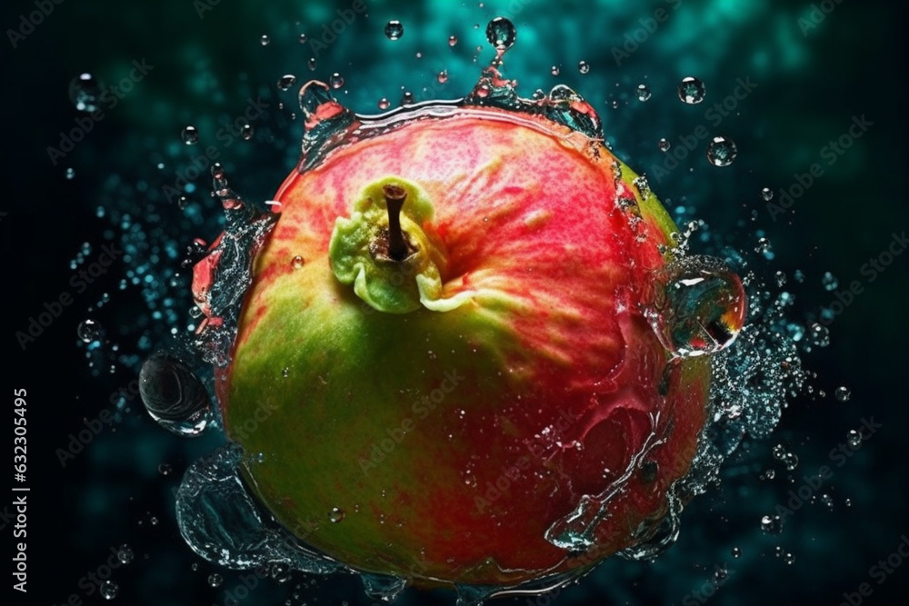 Poster an abstract surreal photograph of a guava splashed in bright paint, symbolizing freshness and health
