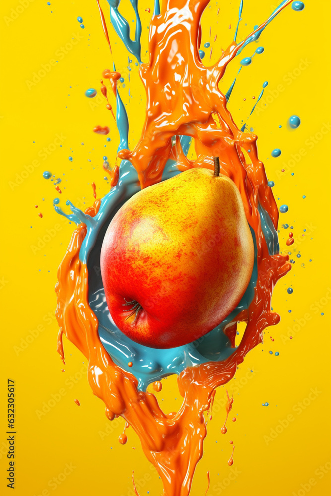 Poster An vibrant image of a Mango splashed in bright paint, symbolizing freshness and health.  Generative AI technology.