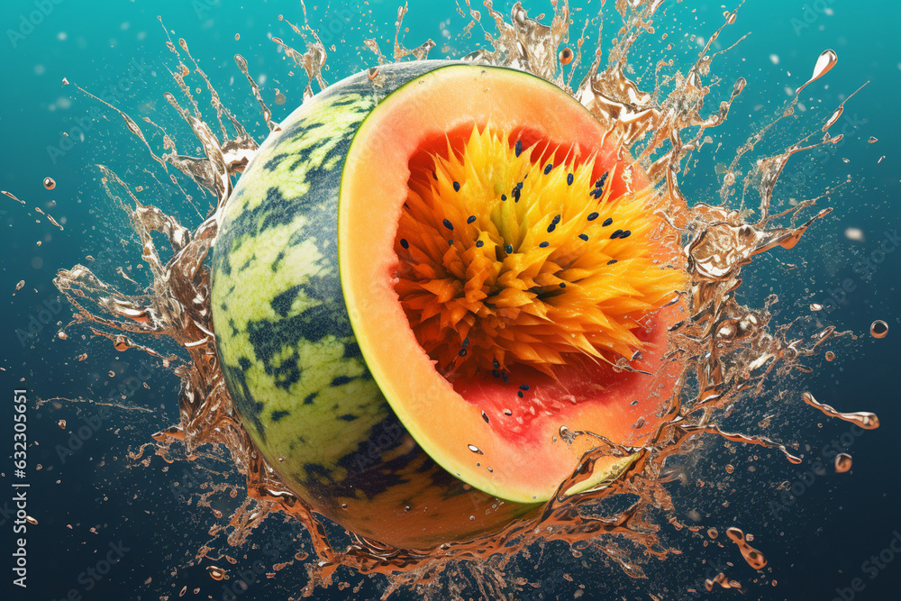 Poster an abstract surreal photograph of a cantaloupe splashed in bright paint, symbolizing freshness and h
