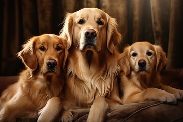 Father dog, mother dog and puppy. Golden Retriever
