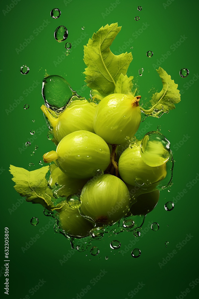Poster an vibrant image of a gooseberry splashed in bright paint, symbolizing freshness and health. generat