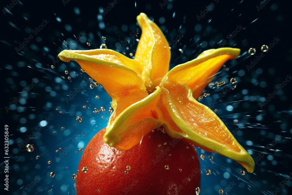 Poster An abstract surreal photograph of a Star fruit splashed in bright paint, symbolizing freshness and health.  Generative AI technology.