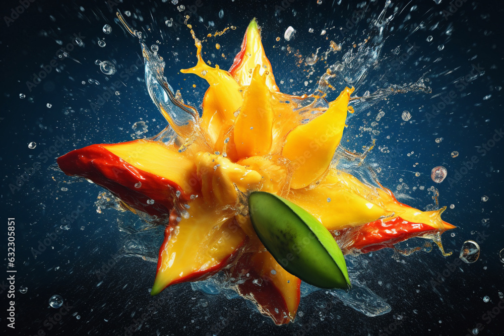 Poster An abstract surreal photograph of a Star fruit splashed in bright paint, symbolizing freshness and health.  Generative AI technology.