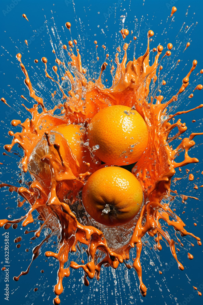 Poster an vibrant image of a tangerine splashed in bright paint, symbolizing freshness and health. generati