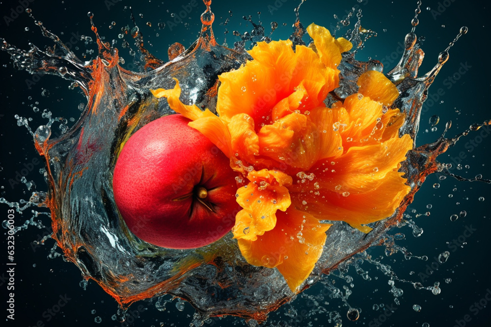 Poster an abstract surreal photograph of a quince splashed in bright paint, symbolizing freshness and healt