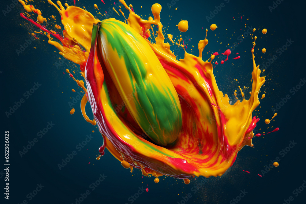 Poster an abstract surreal photograph of a plantain splashed in bright paint, symbolizing freshness and hea
