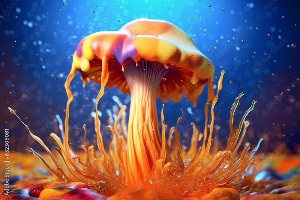 Aufkleber An abstract surreal photograph of a Psilocybe cubensis (Magic Mushroom) splashed in bright paint, symbolizing freshness and health. Generative AI technology.
