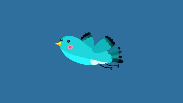 Nightingale bird blue cartoon animation character flying singing isolated. Blinking eyes seamless loop behaviour.
