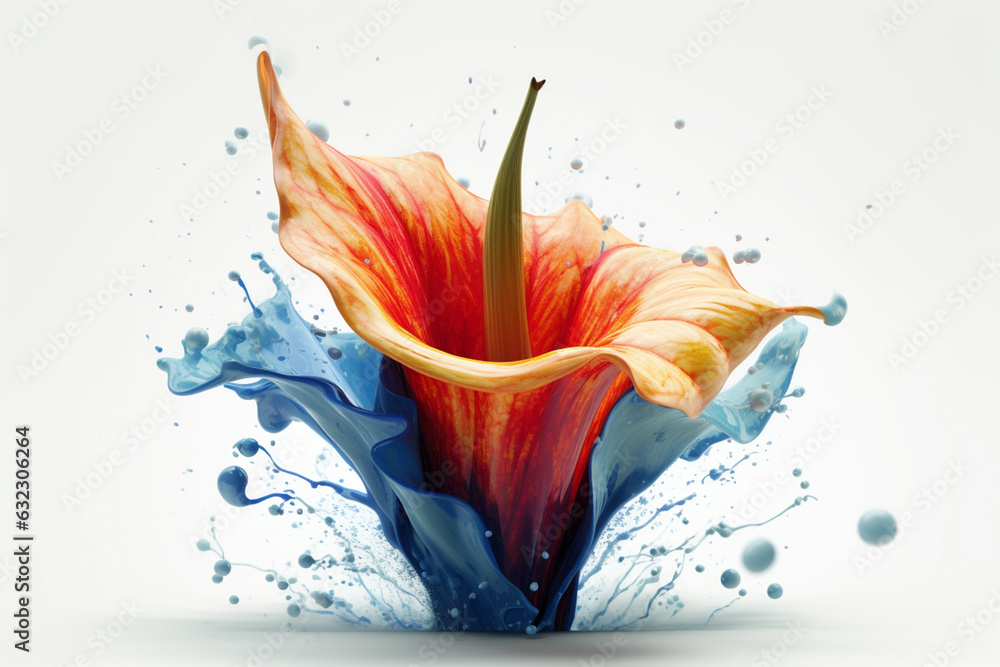 Poster an abstract surreal photograph of a datura (datura spp.) splashed in bright paint, generative ai tec