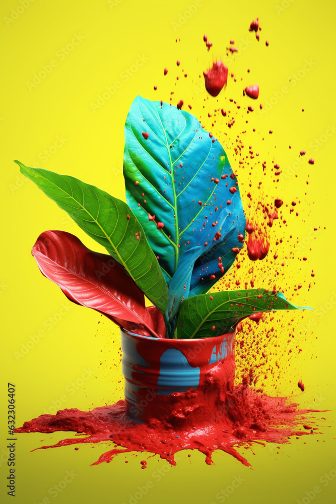 Poster an vibrant image of a kratom (mitragyna speciosa) splashed in bright paint, generative ai technology