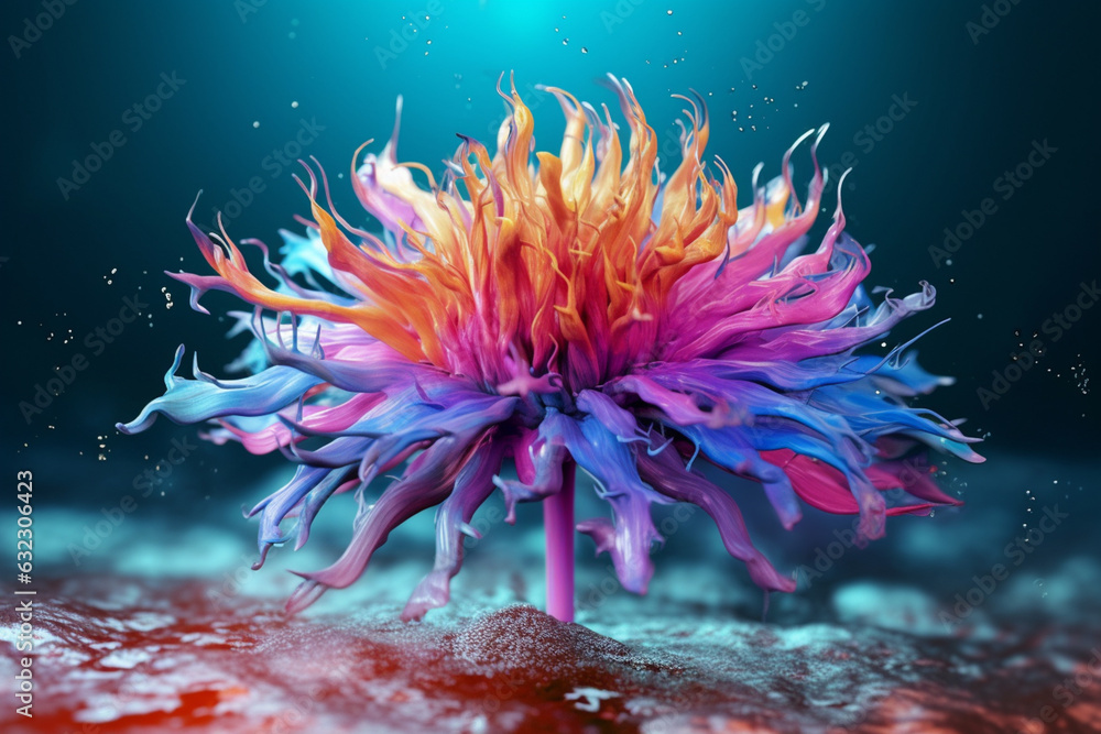 Poster An abstract surreal photograph of a Kanna (Sceletium tortuosum) splashed in bright paint,  Generative AI technology.