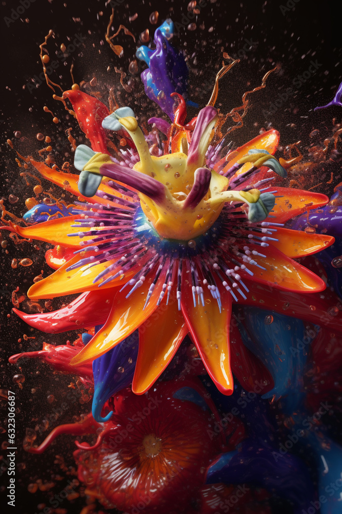 Poster an vibrant image of a passionflower (passiflora incarnata) splashed in bright paint, generative ai t