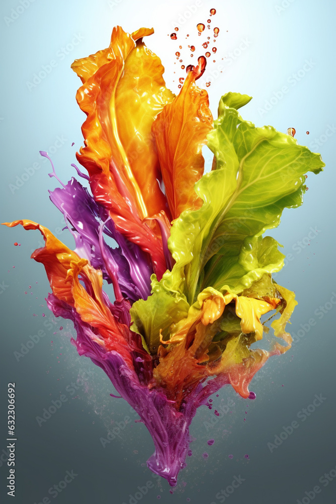 Poster an vibrant image of a wild lettuce (lactuca virosa) splashed in bright paint, generative ai technolo