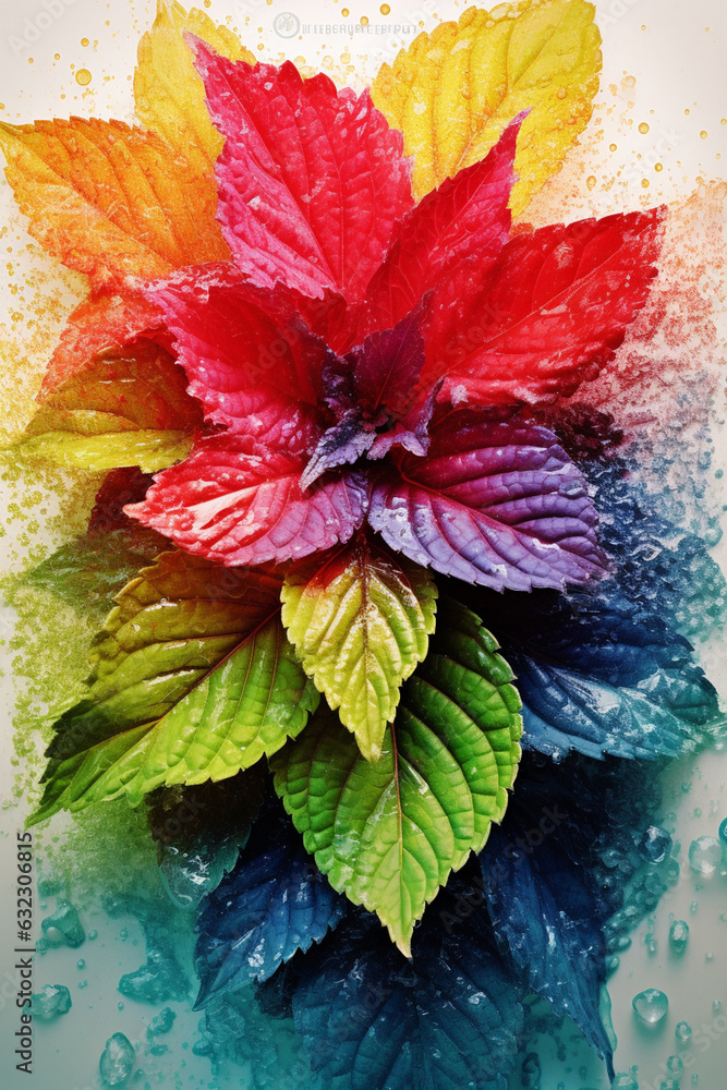 Poster an vibrant image of a coleus (coleus spp.) splashed in bright paint, generative ai technology.